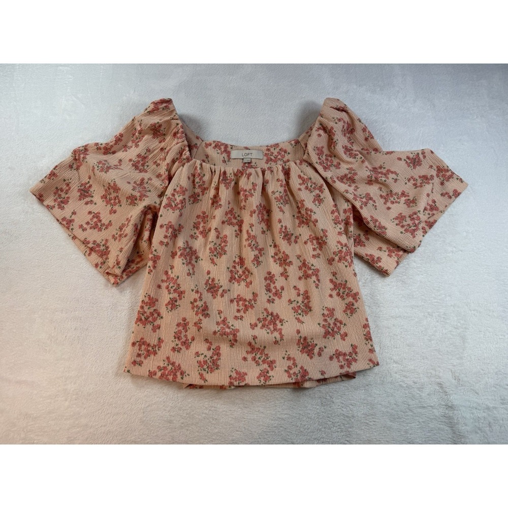 LOFT Women's Large Pink Floral Square Neck Puff Sleeve Blouse Cottage Coquette